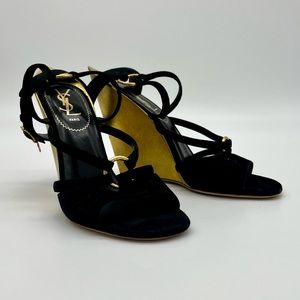 YSL Yves Saint Laurent Black-Gold Totem Sculpted Wedge Sandals